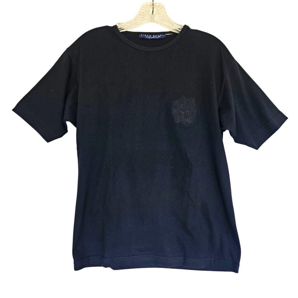 Birch Bros Womens Medium Black On Black Short Sleeve Floral Embroidered T-Shirt